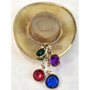 Vintage Gold-Tone Mesh Hat Brooch With Colorful Gemstone Charms Womens Pin